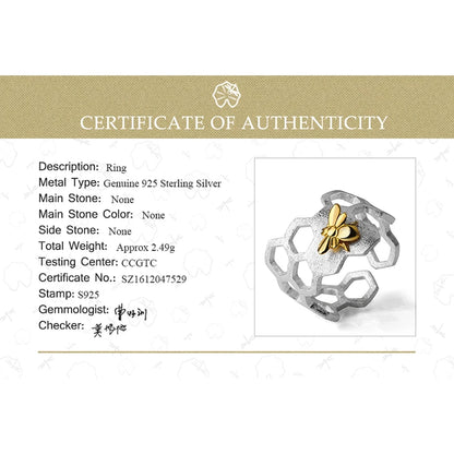 Lotus Fun Real 925 Sterling Silver 18K Gold Bee Rings Natural Designer Fine Jewelry Home Guard Honeycomb Open Ring for Women