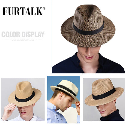 FURTALK Summer Hat for Women Men Panama Straw Hats Travel  Beach Sun Hat Wide Brim Fedora Jazz Hat