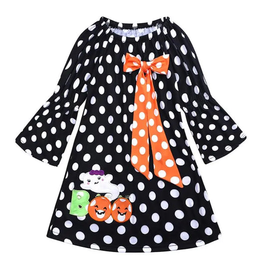 2018Baby Girl Halloween Dress Long sleeves Polka Dot Pumpkin Print Patchwork Princess Girls Holiday Party Costume 1-6Y