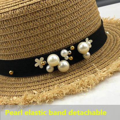 lovely Flat top straw hat Summer Spring women's trip caps leisure pearl beach sun hats black breathable fashion flower girl hat