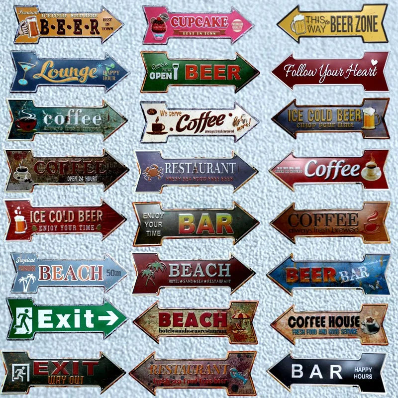 Restaurant Beach  Beer Bar Coffee Arrow Metal Irregular Tin Signs  Advertising Board Wall Pub Home Art Decor 42X10CM U-13