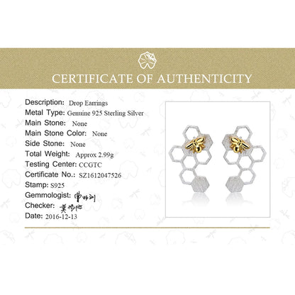 Lotus Fun Real 925 Sterling Silver Earrings Natural Fine Jewelry Honeycomb Home Guard 18K Gold Bee Drop Earrings for Women Gift