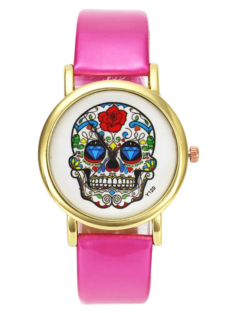 Skull Rose Flower Skeleton Halloween Women Mens Fashion Creative Watches PU Leather Watchband Wrist Watch