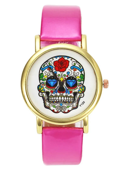 Skull Rose Flower Skeleton Halloween Women Mens Fashion Creative Watches PU Leather Watchband Wrist Watch