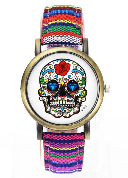 Skull Skeleton Halloween Fashion Rose Flowers Watch Men Women Military Denim Band Strap Analog Quartz Wrist Watches