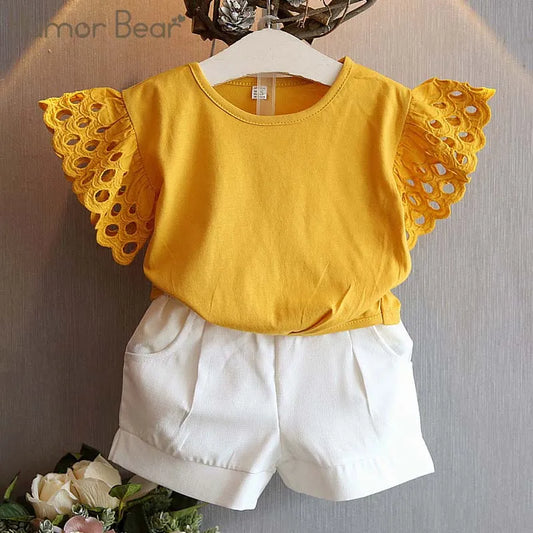 Humor Bear Girls Clothing Set New Summer Flower Hollow sleeve Tops +Shorts Kids Suits