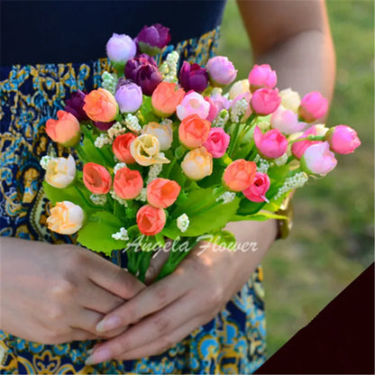 Autumn 15 Heads/Bouquet Small Bud Roses Bract Silk Artificial Flower DIY Wedding Home Christmas Decor Floral Gifts Photo Props