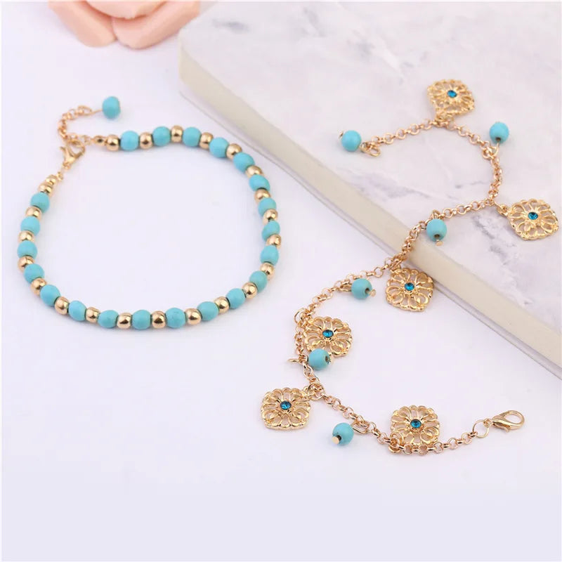 2 Pcs Set Beads Flower Pendant Beach Anklets for Women Gold Color Sexy Boho Anklets Foot Chain Charm Jewelry Gift Drop Shipping