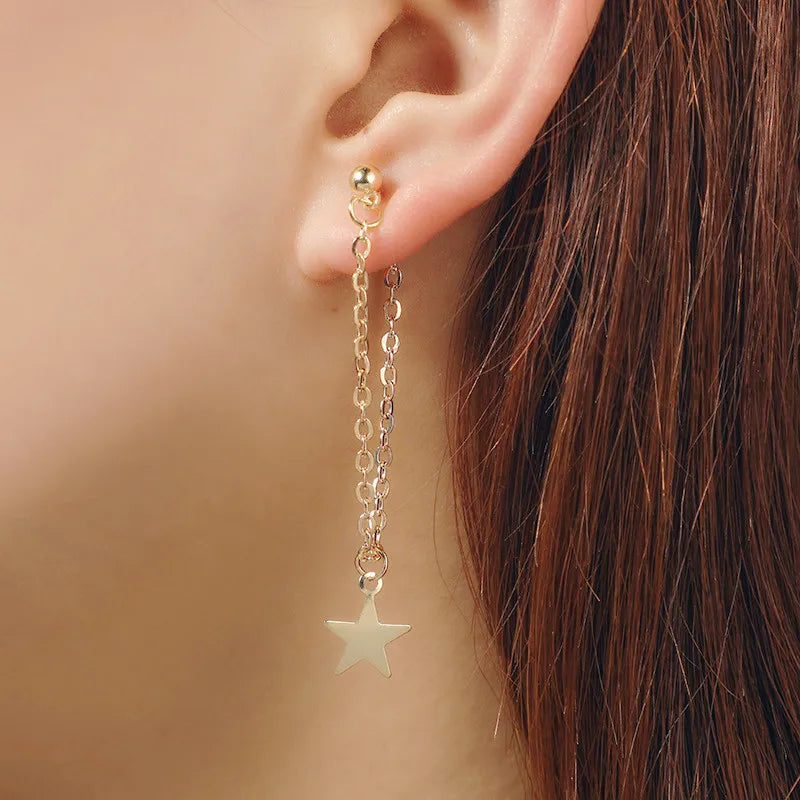 Fashion Simple Personality Pentagram Star Back Hanging Drop Earrings Korean Metal Chain Dangle Brincos Women's Jewelry