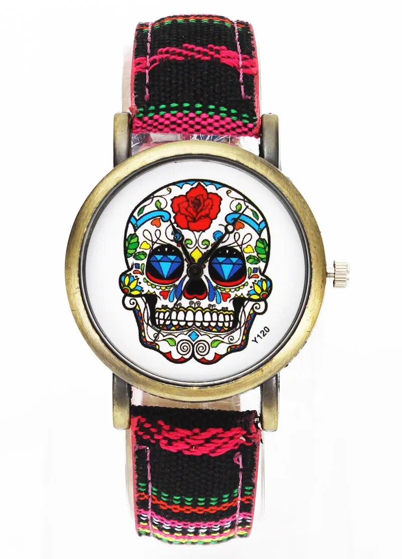 Skull Skeleton Halloween Fashion Rose Flowers Watch Men Women Military Denim Band Strap Analog Quartz Wrist Watches