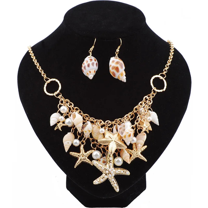 Best Selling Starfish Jewellery sets Charms Imitation Pearl Shell Necklace earrings Boho Gold Color Bracelet Beach Jewelry Set