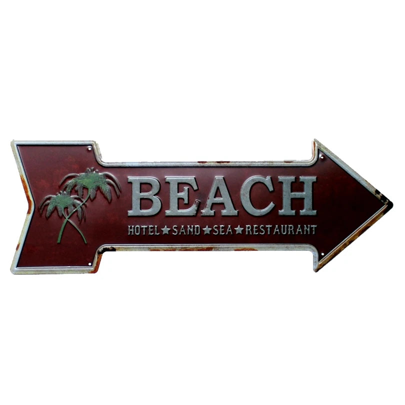 Restaurant Beach  Beer Bar Coffee Arrow Metal Irregular Tin Signs  Advertising Board Wall Pub Home Art Decor 42X10CM U-13