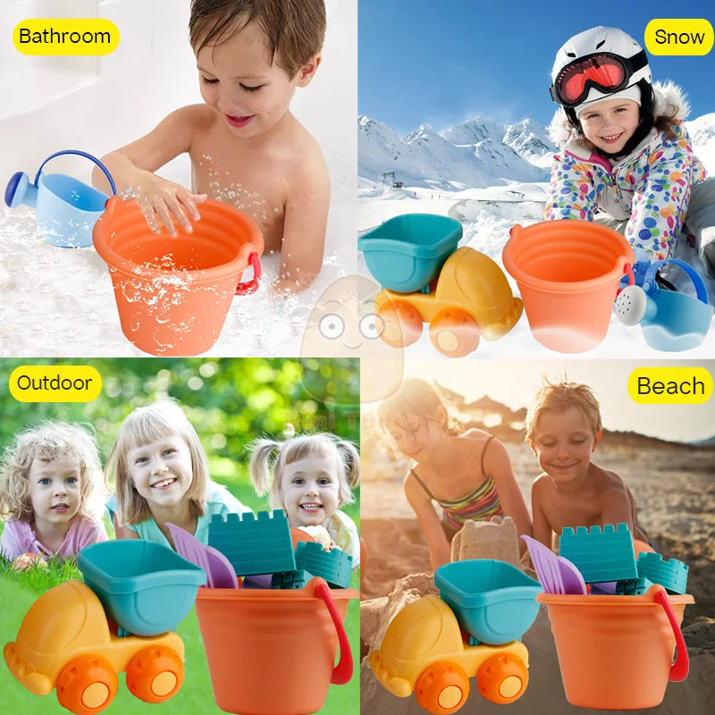 Summer Silicone Soft Baby Beach Toys Kids Play Set Beach Cart Ducks Bucket Sand Molds Tool Water Game