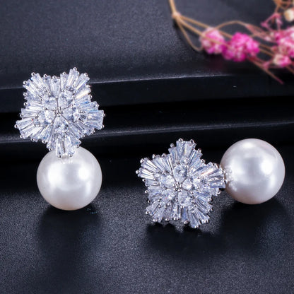 CWWZircons 2022 New Arrival Snow Flower Design Women Big Drop White Pearl Earrings with Cubic Zirconia Christmas Gift  CZ069