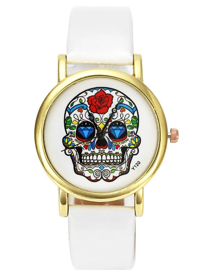 Skull Rose Flower Skeleton Halloween Women Mens Fashion Creative Watches PU Leather Watchband Wrist Watch