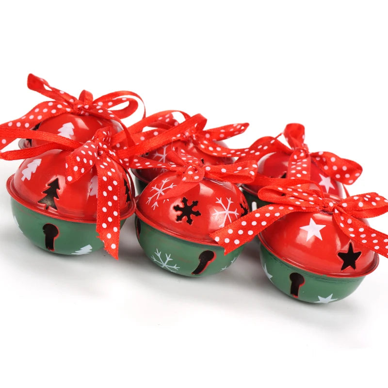 Christmas Decoration For Home 6Pcs Red Green White Iron Jingle Bell Ribbon Merry Christmas Tree Pendant Decor 50mm Xmas New Year