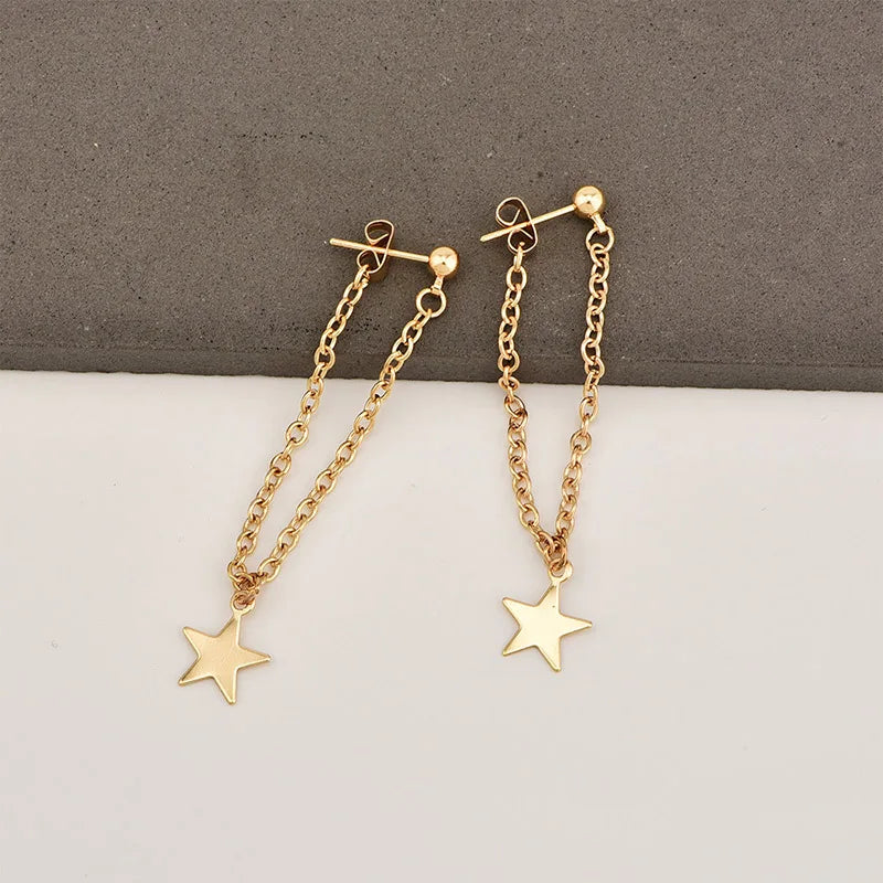 Fashion Simple Personality Pentagram Star Back Hanging Drop Earrings Korean Metal Chain Dangle Brincos Women's Jewelry