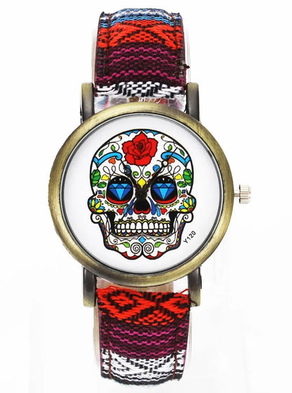 Skull Skeleton Halloween Fashion Rose Flowers Watch Men Women Military Denim Band Strap Analog Quartz Wrist Watches