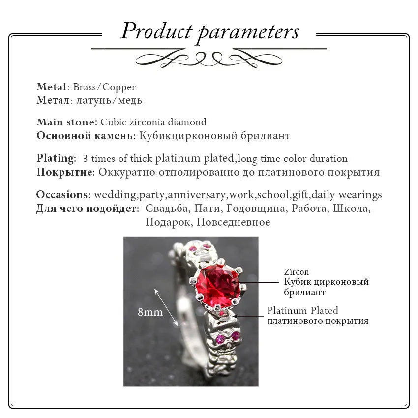 US STOCK Uloveido Red Ring Female Cubic Zirconia Skull Silver Color Ring for Women Christmas Party Jewellery Gift Halloween Y193