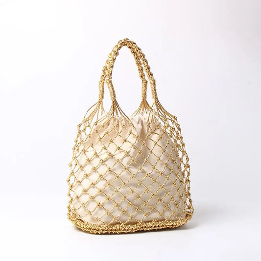 Gold silver 2 color bright paper ropes hollow woven handbag cotton lining straw bag female Reticulate handbag netted beach bag