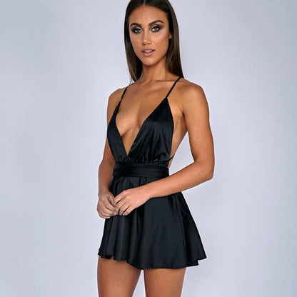 BKLD Dress Women Summer Spaghetti Strap Satin Dresses Sexy Women V-Neck Sleeveless Beach Backless Mini Dress Sexy Club Wear