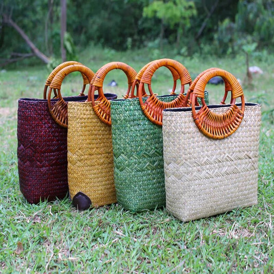 28x24CM The New Thai  Simple Handmade Straw Bag Rattan Cloth Handbag  Cotton And Linen  A4185