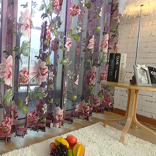 Floral Home Fabric Sheer Tulle Curtains For Living Room Children Bedroom Kitchen Door Curtains For Window Black Cortinas