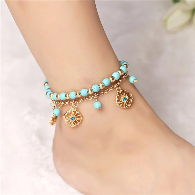 2 Pcs Set Beads Flower Pendant Beach Anklets for Women Gold Color Sexy Boho Anklets Foot Chain Charm Jewelry Gift Drop Shipping