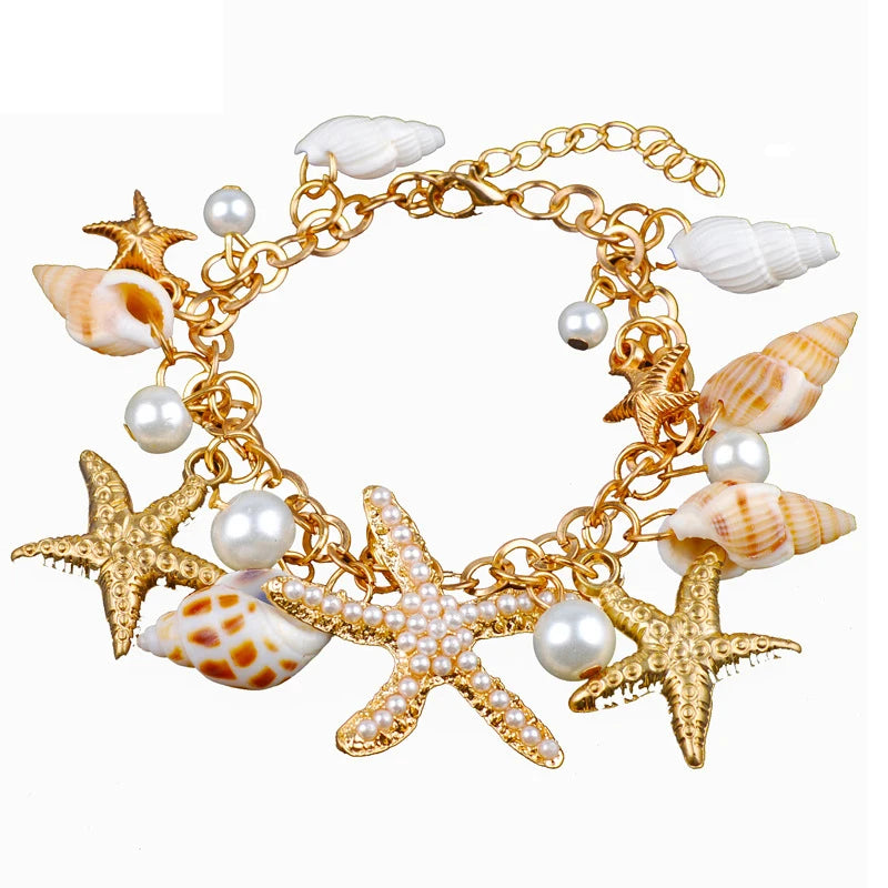 Best Selling Starfish Jewellery sets Charms Imitation Pearl Shell Necklace earrings Boho Gold Color Bracelet Beach Jewelry Set