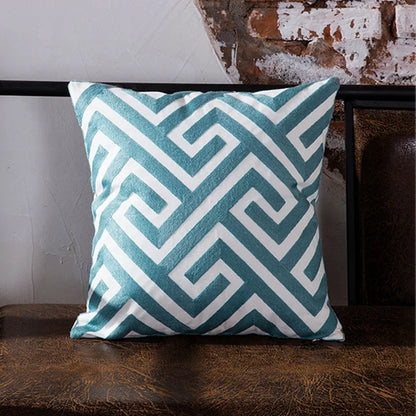 Home Decor Emboridered Cushion Cover Blue Geometric Canvas Cotton Suqare Embroidery Pillow Cover 45x45cm