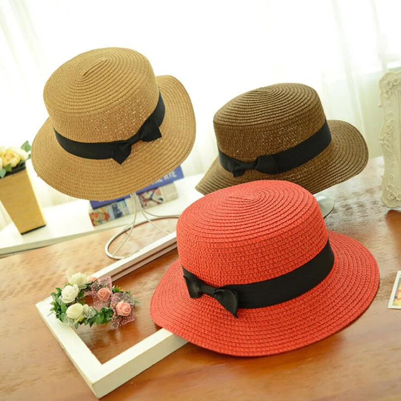 Fashion Parent-child sun hat Cute children sun hats  bow hand made women straw cap beach big brim hat casual glris summer cap