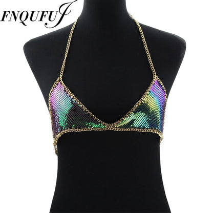 Mesh Sequin Body chain Bra Bikini Chain women Statement Metal bra chain bralette Beach Party Harness body jewelry