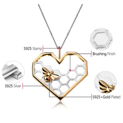 Lotus Fun Real 925 Sterling Silver Fine Jewelry Honeycomb Home Guard 18K Gold Bee Love Heart Pendant without Chain for Women