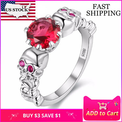 US STOCK Uloveido Red Ring Female Cubic Zirconia Skull Silver Color Ring for Women Christmas Party Jewellery Gift Halloween Y193