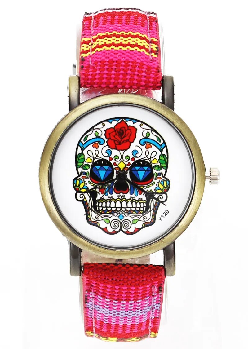 Skull Skeleton Halloween Fashion Rose Flowers Watch Men Women Military Denim Band Strap Analog Quartz Wrist Watches