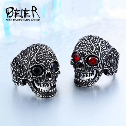 BEIER Wholesale Classic Garden Flower Skull Ring For Man Stainless Steel Man's Punk Style Jewelry BR8-071 US Size Halloween Gift