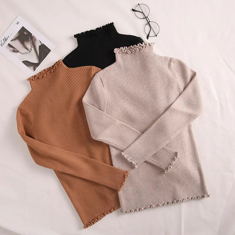 Turtleneck Ruched Women Sweater High Elastic Solid 2022 Fall Winter Fashion Sweater Women Slim Sexy Knitted Pullovers Pink White