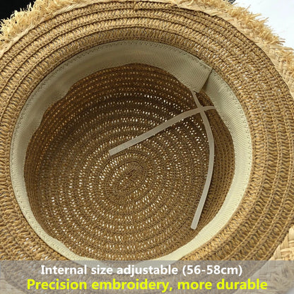 lovely Flat top straw hat Summer Spring women's trip caps leisure pearl beach sun hats black breathable fashion flower girl hat