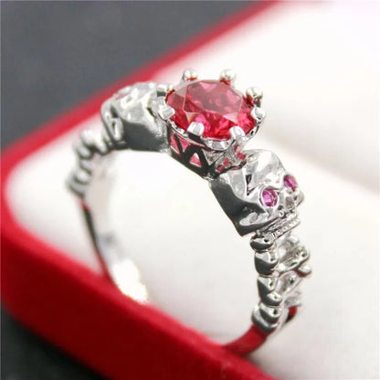 US STOCK Uloveido Red Ring Female Cubic Zirconia Skull Silver Color Ring for Women Christmas Party Jewellery Gift Halloween Y193