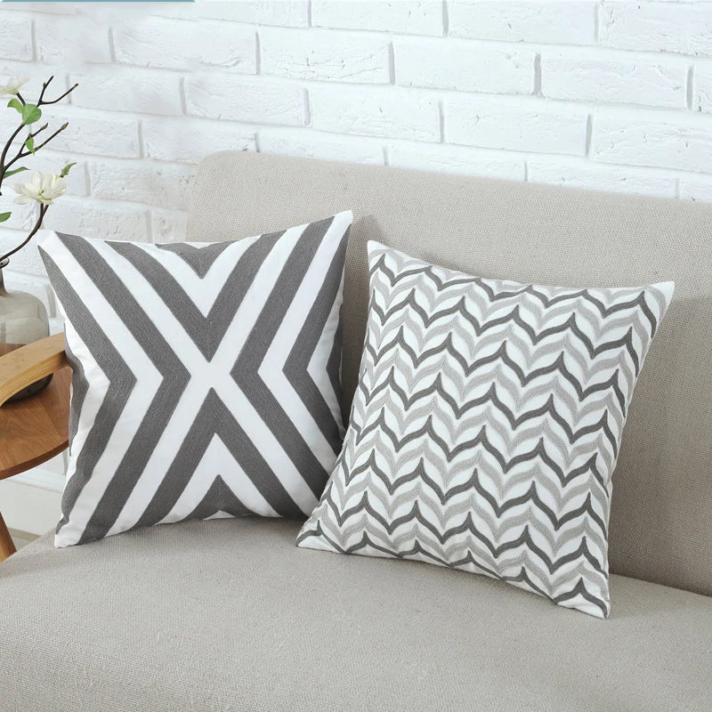 Home Decor Emboridered Cushion Cover Grey Pink Geometric Canvas Cotton Suqare Embroidery Pillow Cover 45x45cm