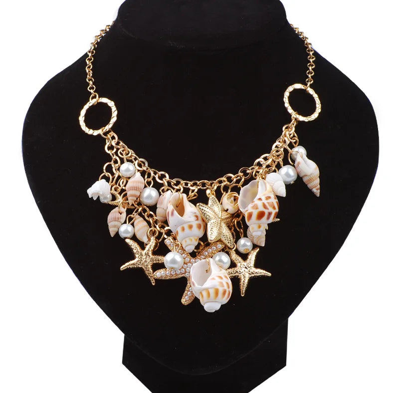 Best Selling Starfish Jewellery sets Charms Imitation Pearl Shell Necklace earrings Boho Gold Color Bracelet Beach Jewelry Set