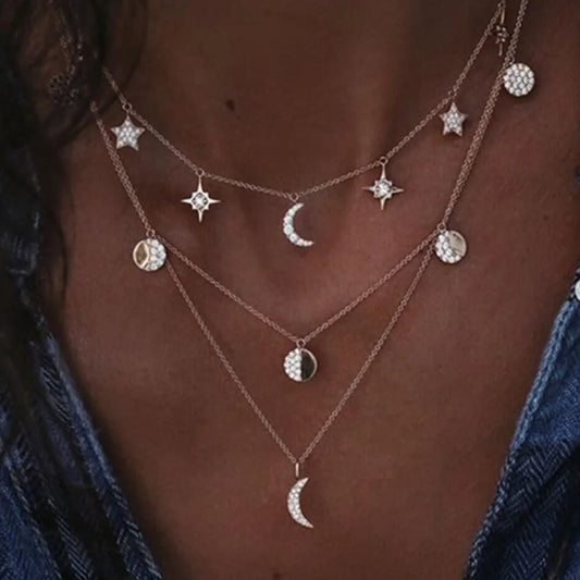 Gold Color Multilayer Crystal Choker Necklace Bohemian Layered Star Moon Pendant Vintage Necklace Women's Jewelry Party Gift