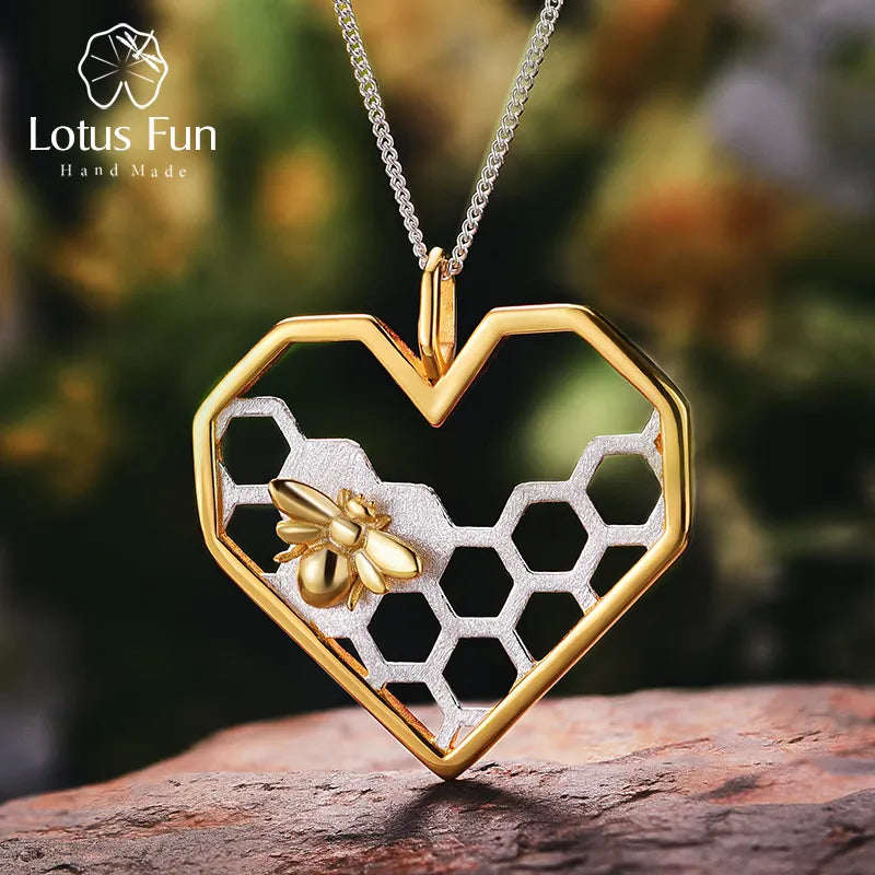 Lotus Fun Real 925 Sterling Silver Fine Jewelry Honeycomb Home Guard 18K Gold Bee Love Heart Pendant without Chain for Women
