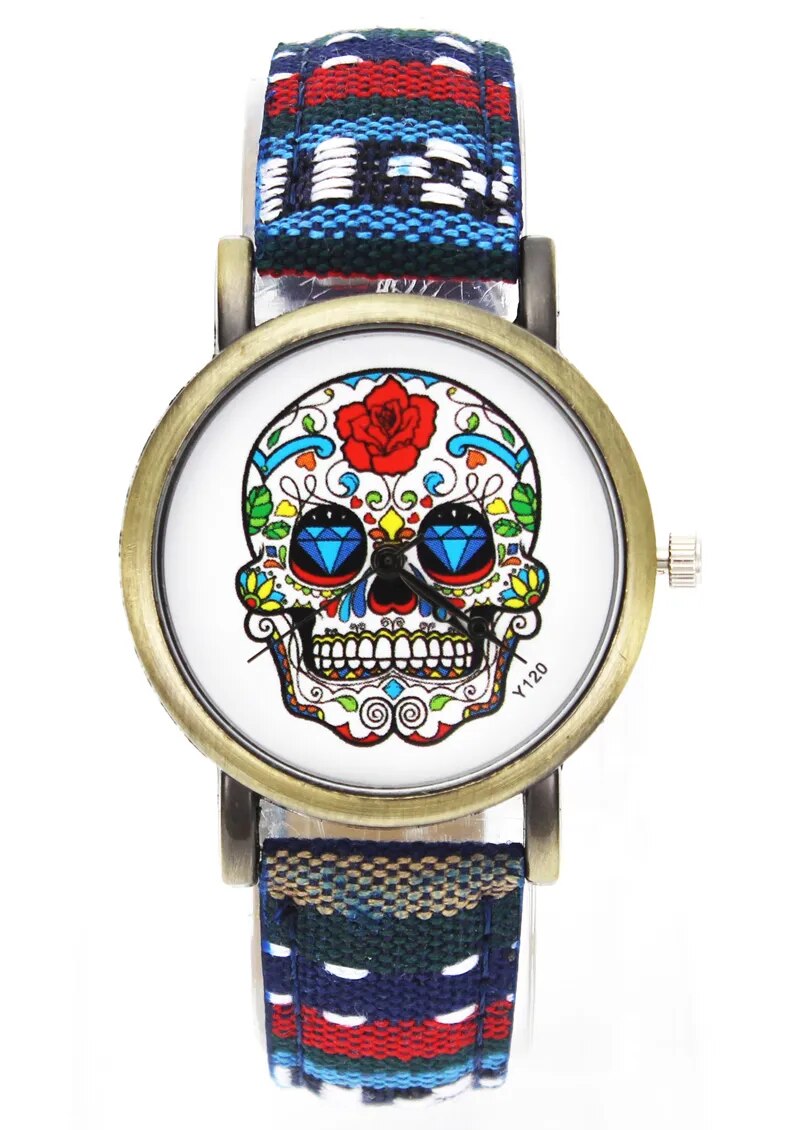 Skull Skeleton Halloween Fashion Rose Flowers Watch Men Women Military Denim Band Strap Analog Quartz Wrist Watches