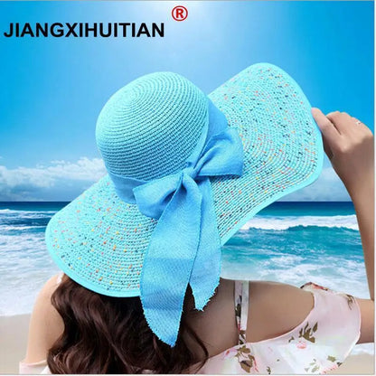 jiangxihuitian 2018 Summer Women's beach hats Caps Foldable Chiffon Floppy Sun Hats Casual Ladies sombreros bowknot hat Ladies