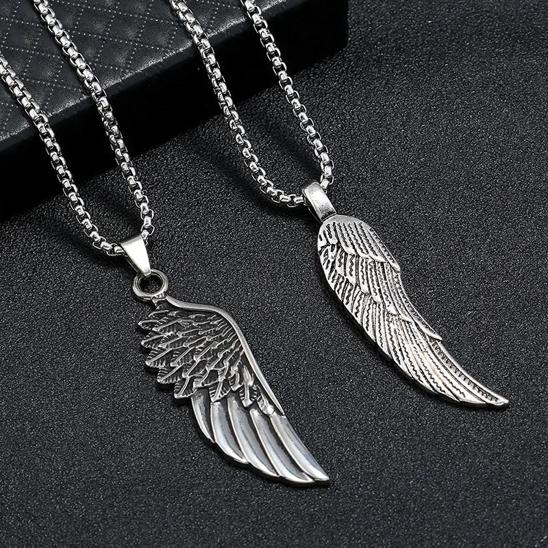 Personality Men's Women's Jewelry Vintage Cross Angel Wing Pendant Necklace  Long Stainless Steel Necklace Charms