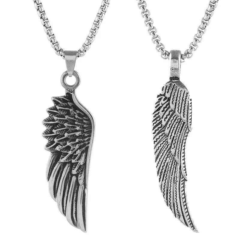 Personality Men's Women's Jewelry Vintage Cross Angel Wing Pendant Necklace  Long Stainless Steel Necklace Charms