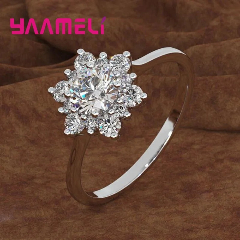 S925 Sterling Silver Snowflake Flowers Ring Transparant Clear Cubic Zirconia Micro Inlay  New Fashion Women's Jewelry