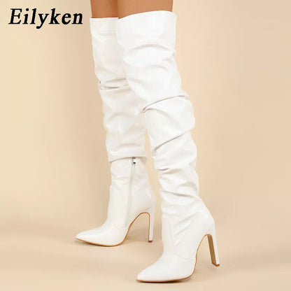 Eilyken Pleated Thigh High Boots Fashion Pointed Toe Zip Female Stiletto Square Heels Design White Black Brown Women's Shoes