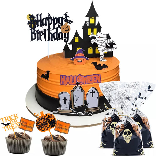 Happy Halloween Cake Toppers Halloween Cupcake Toppers Cartoon Pumpkin Witch Ghost Cake Decorative Flags for Kids Halloween Deco